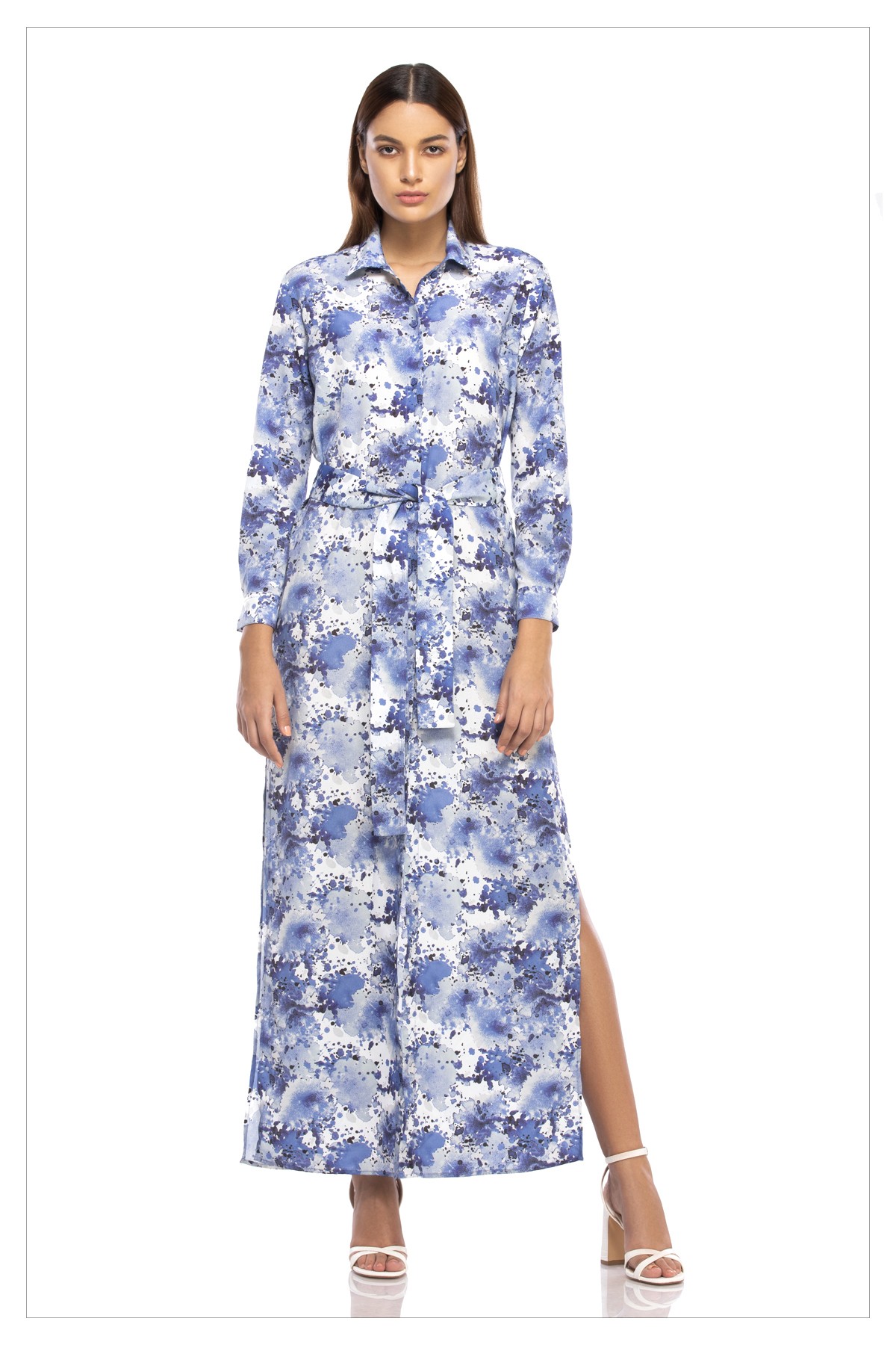 Splatter of Blue - Printed Silk Crepe Maxi Shirtdress