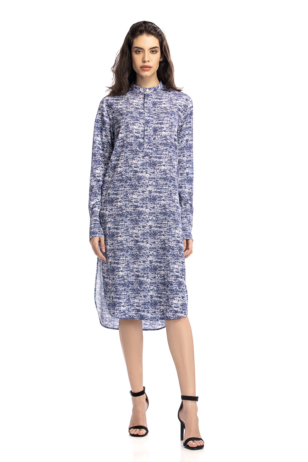 Texture in Denim Blue - Printed Silk Crepe Midi Tunic Dress